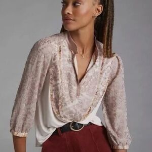 Tiny by Anthropologie Lace Bib Blouse in Pink and Cream NWOT